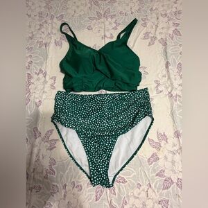 Source Unknown Green Polka Dot High-Waist Bikini Set